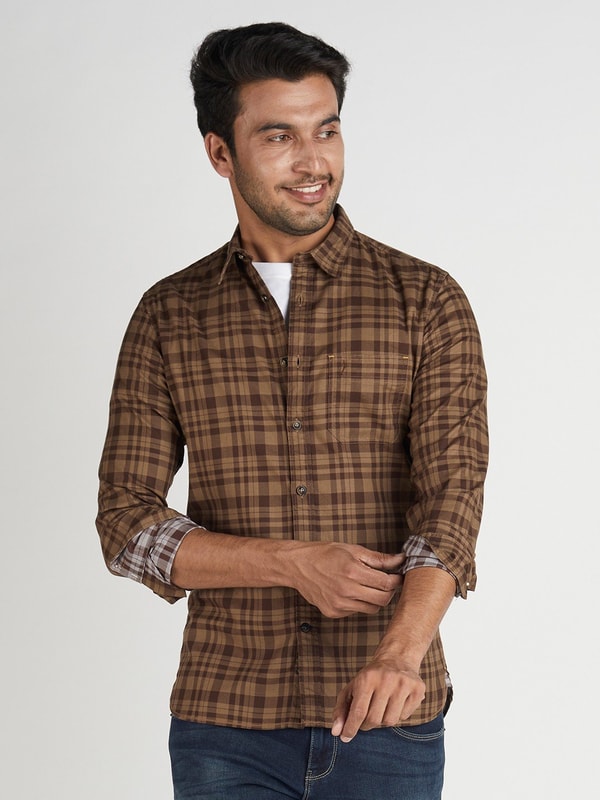 Choco Checked Full Sleeve Cotton Shirt with Contra