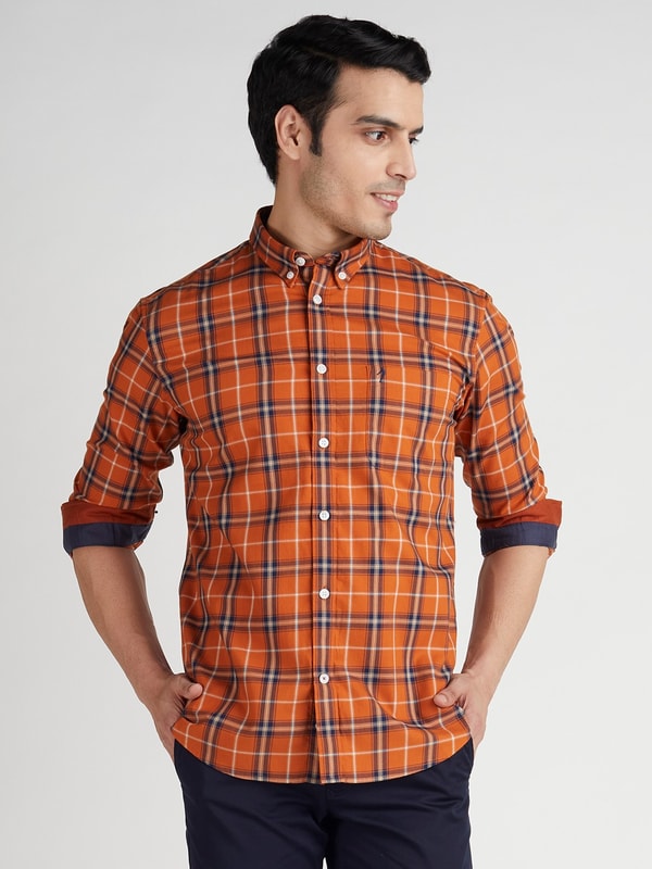 Orange Checked Full Sleeve Cotton Shirt