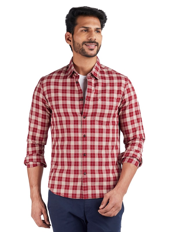 Maroon Checks Long Sleeves Pure Cotton Shirt