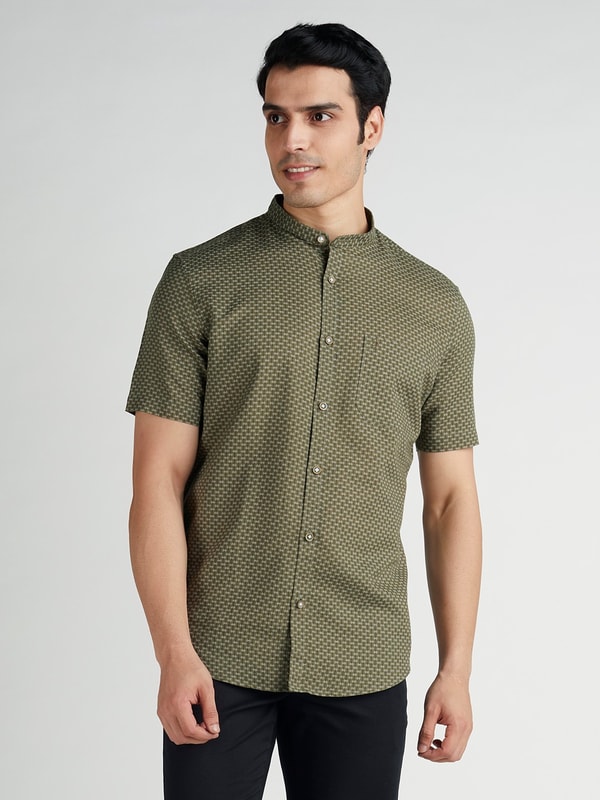 Olive Printed Short Sleeve Linen Blend Shirt