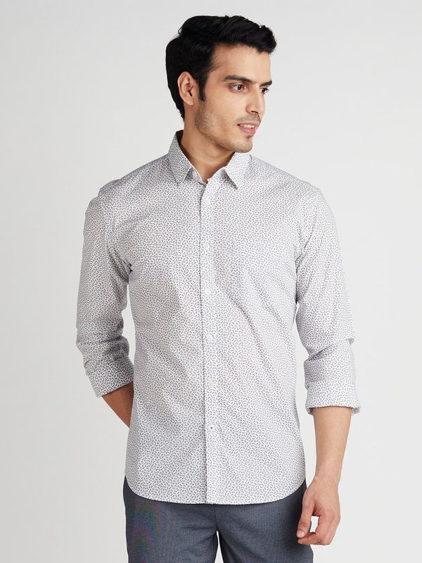 White Printed Full Sleeve Cotton Stretch Shirt
