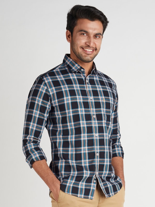 Black Checked Full Sleeve Cotton Shirt with Contra