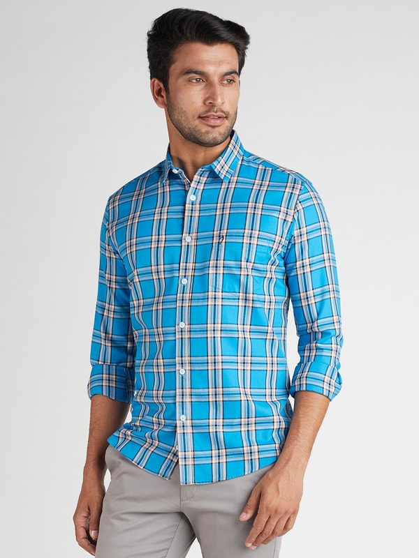 Blue Checked Full Sleeve Cotton Shirt with Contras