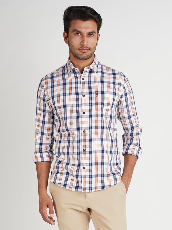 White Checked Full Sleeve Cotton Shirt with Contra