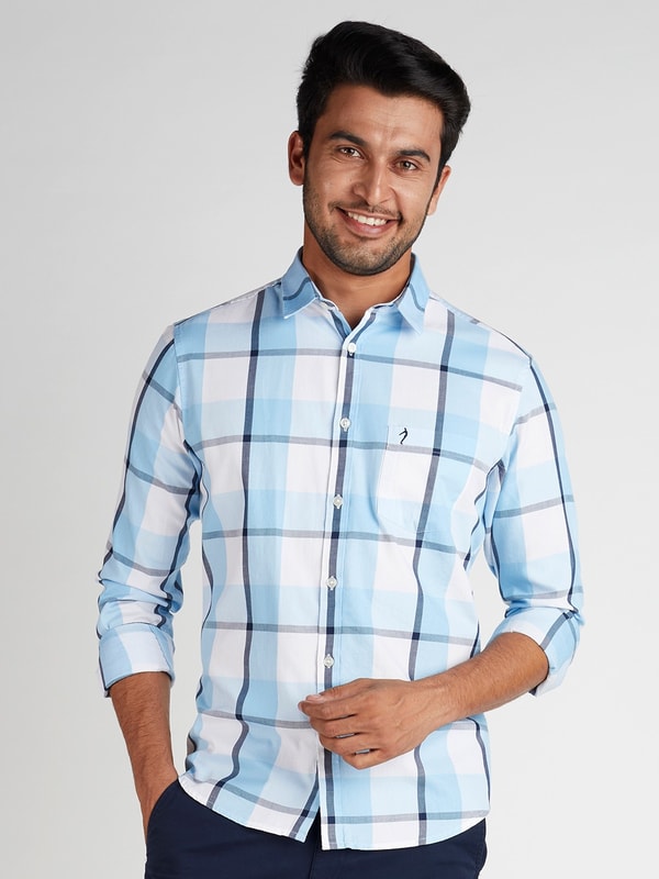 White and Blue Checked Cotton Shirt with Contrast 