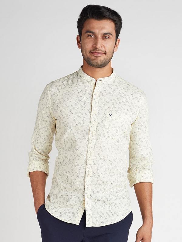 Ecru Printed  Cotton Shirt with Mandarin Collar