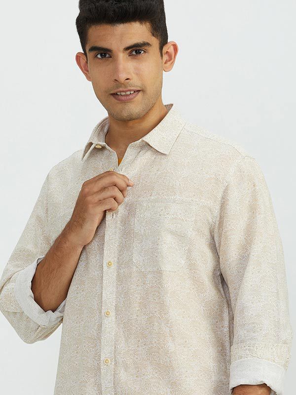 Upbeat Printed Linen Blend Shirt with Mandarin Col