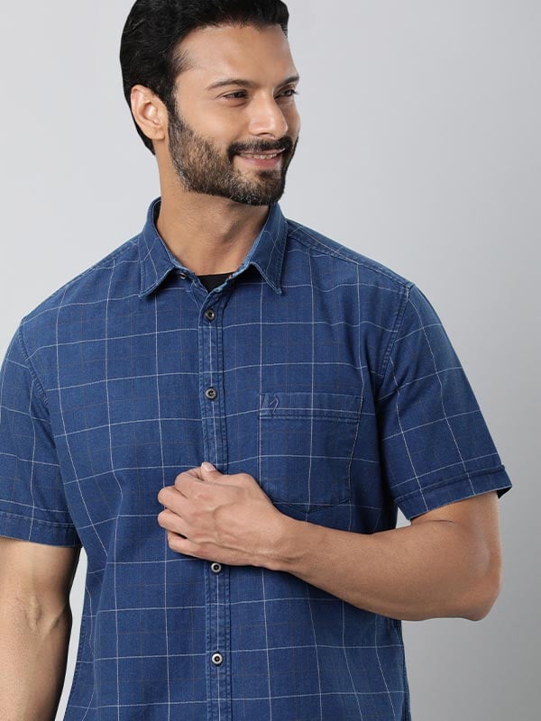 Blue Collar Style Checked Half Sleeve Cotton Shirt