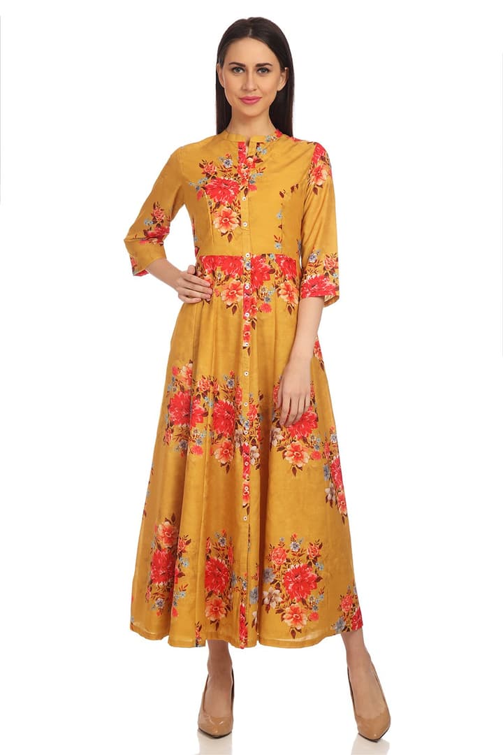 Buy online Yellow Flared Art Silk Dress for women at best price at biba ...