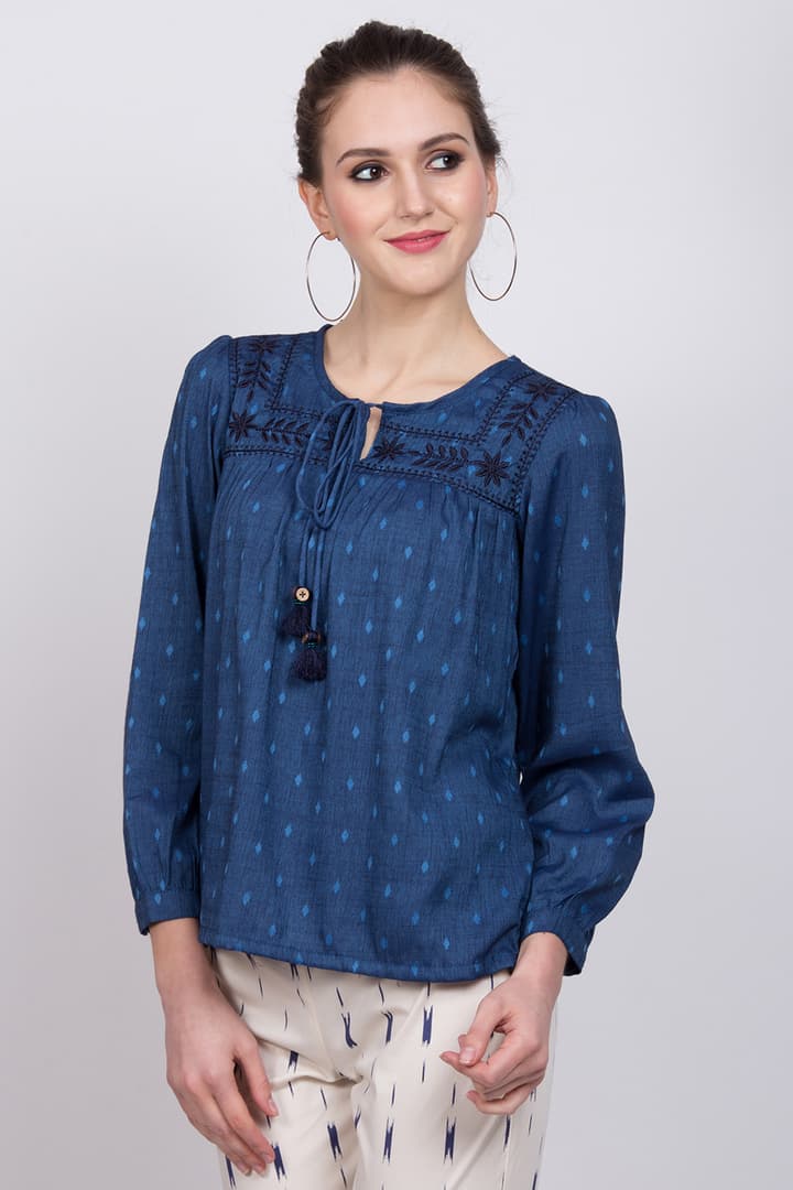 Buy Online Blue Cotton Indie Top for Women at Best Price at Rangriti ...