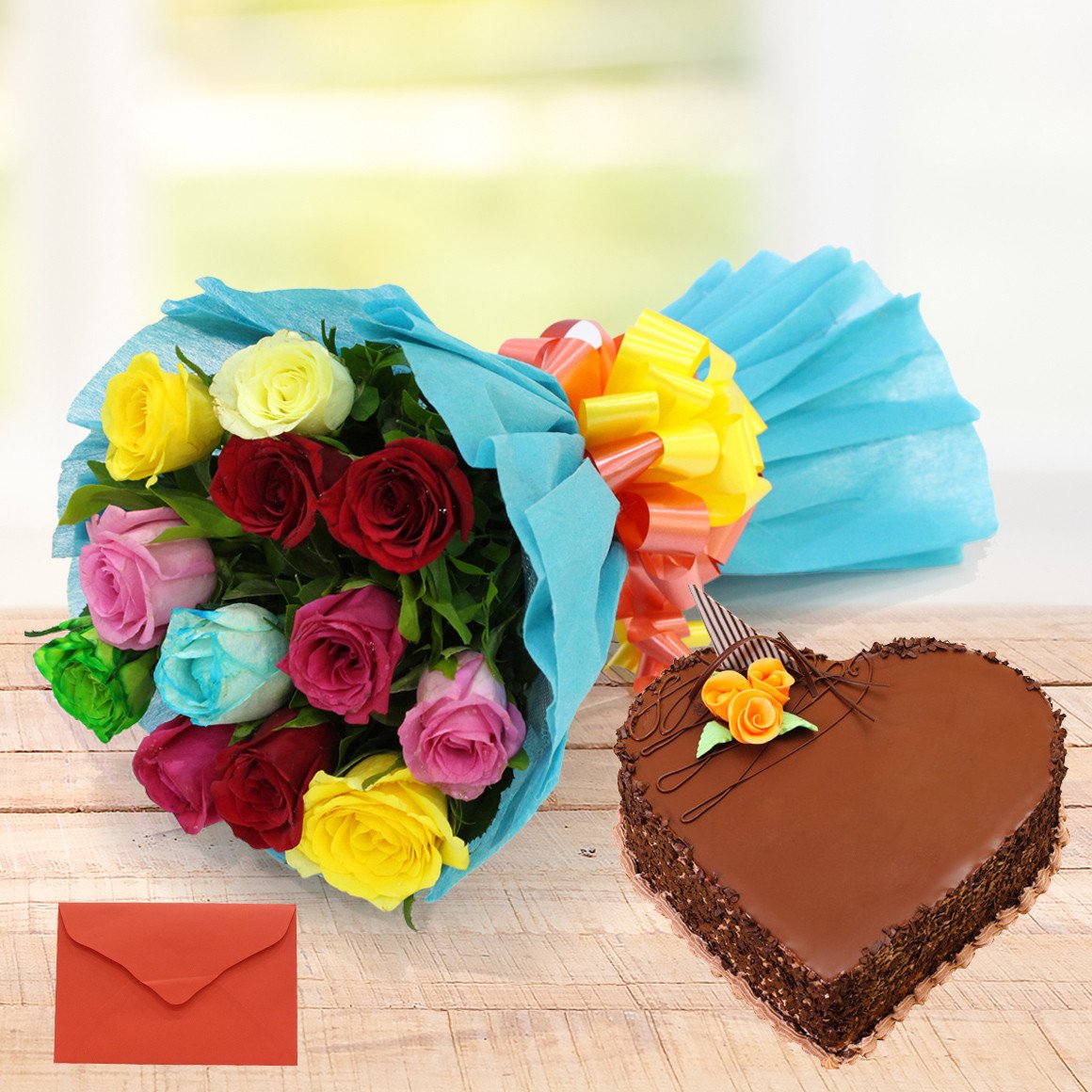 Mix Roses with Heart Shape Chocolate Cake