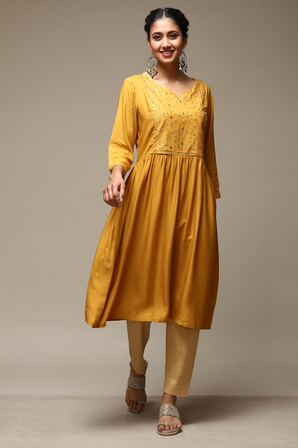 

Mustard Rayon Flared Kurta