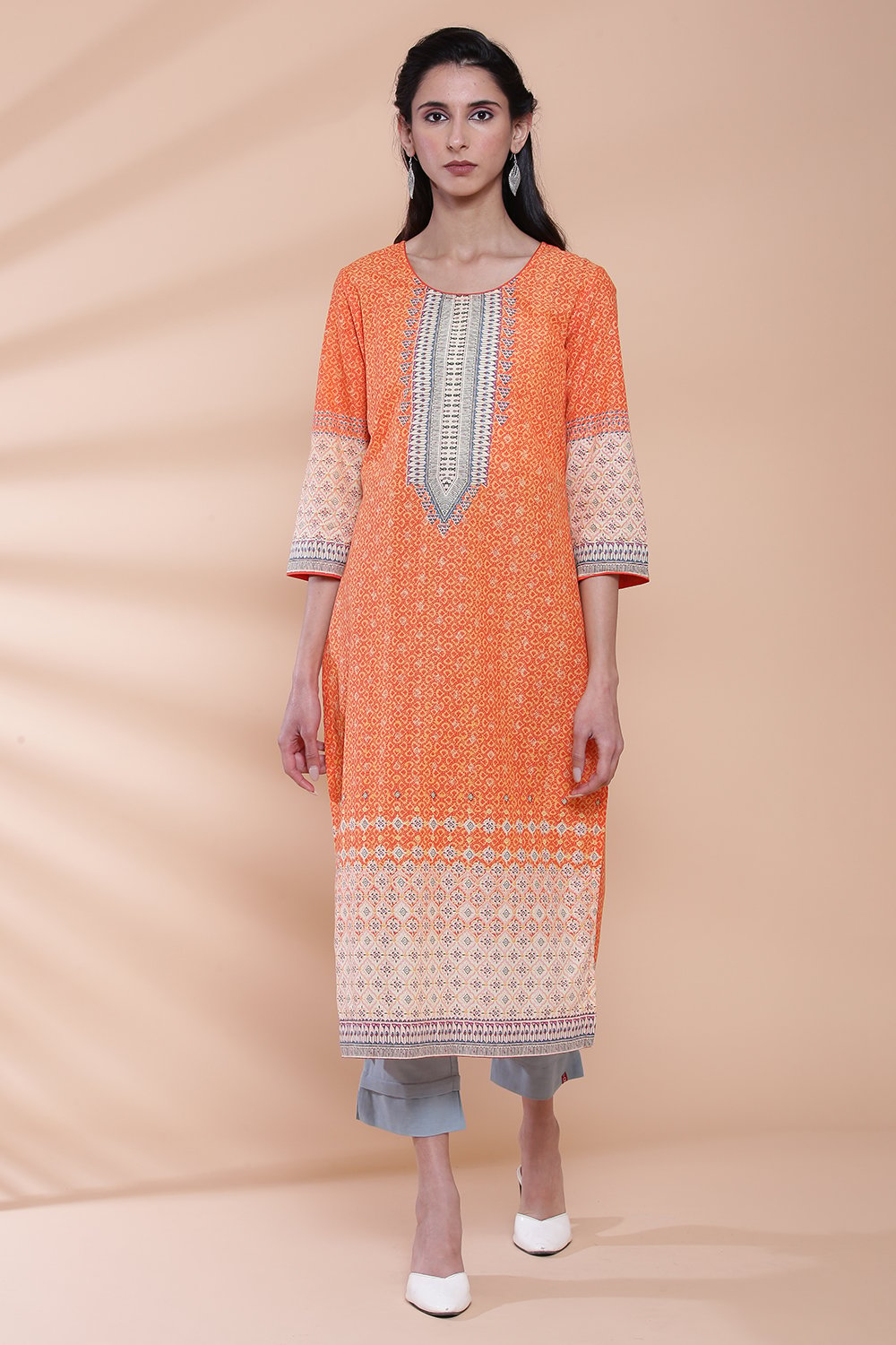 

Orange Cotton Straight Printed Kurta