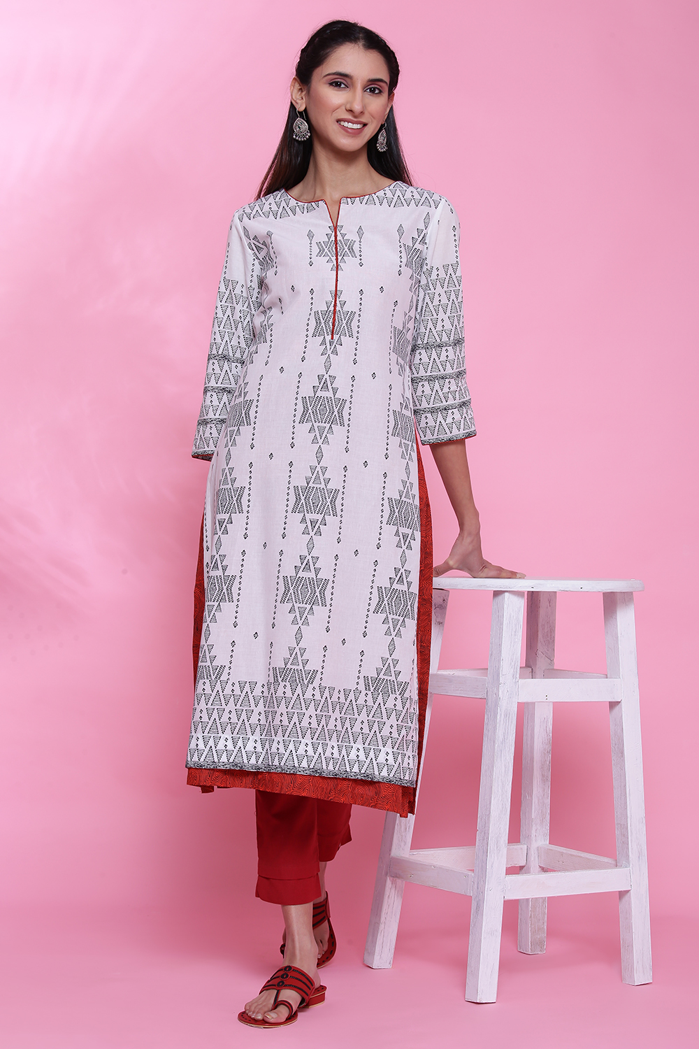 

White Cotton A-Line Printed Kurta