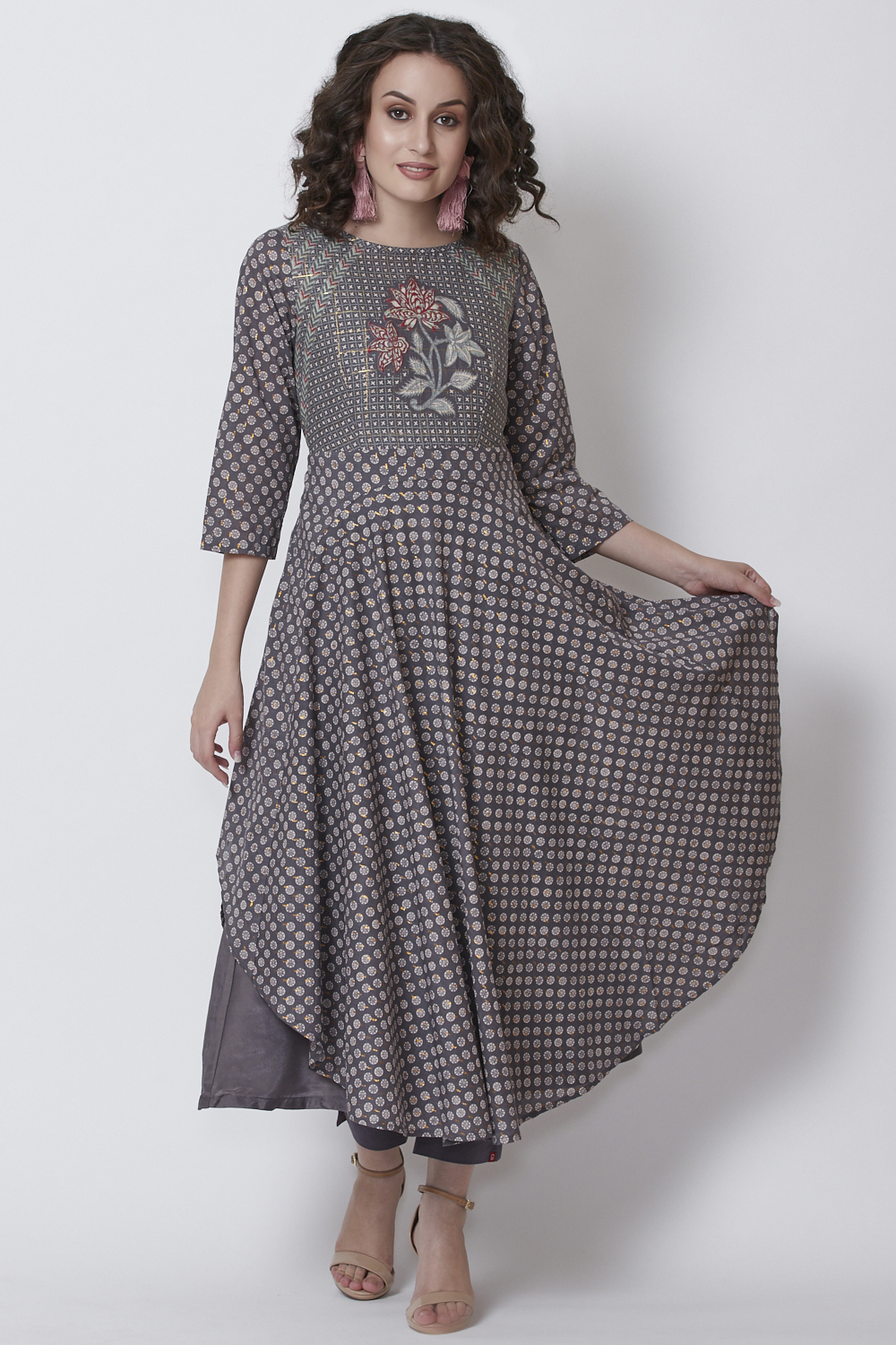 

Dark Grey Metallic Cotton Anarkali Printed Kurta