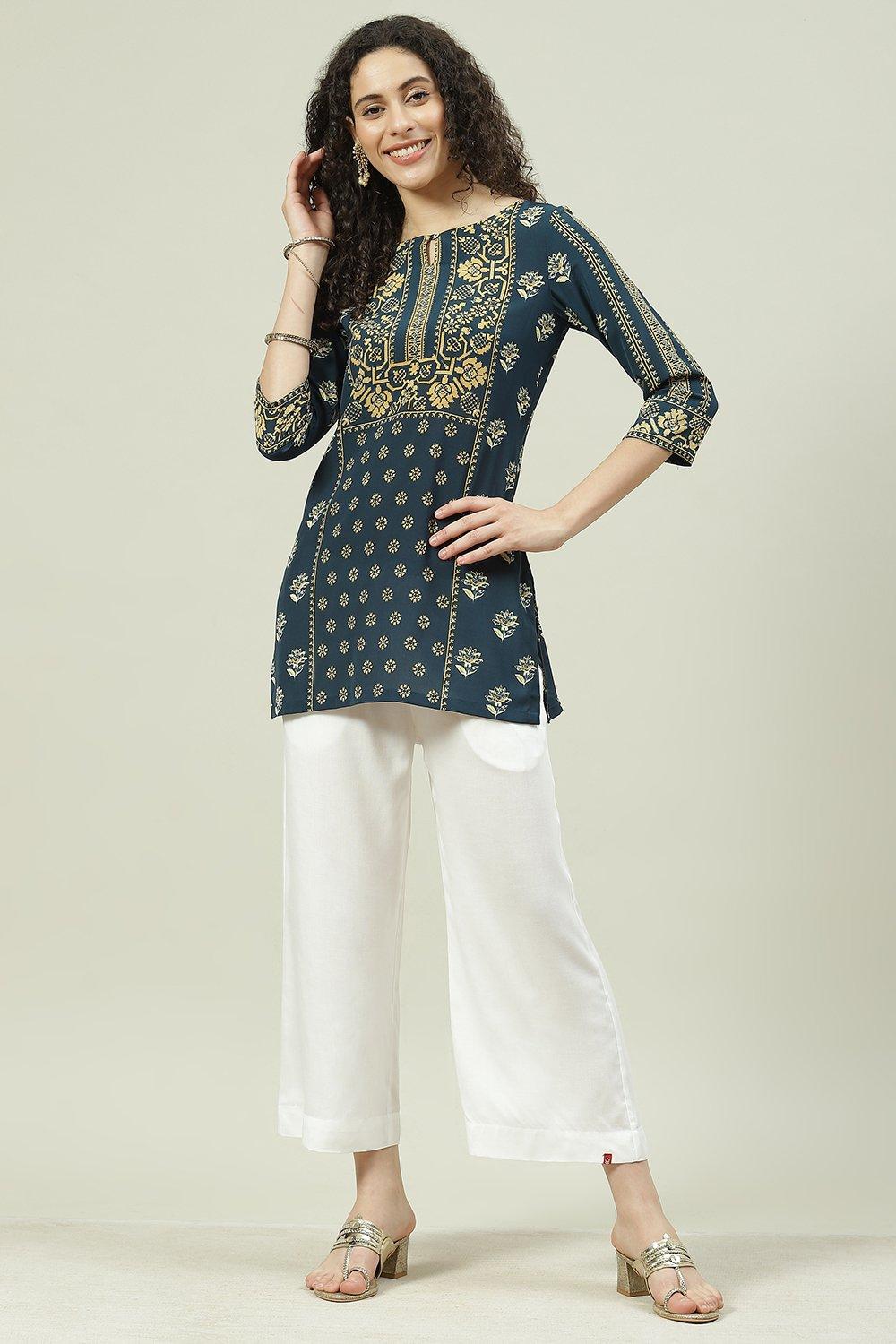 IVORY WHITE PALAZZO PANT SET WITH A MULTI COLOURED EMBROIDERED KURTA TOP  AND SILVER HIGHLIGHTS  Seasons India