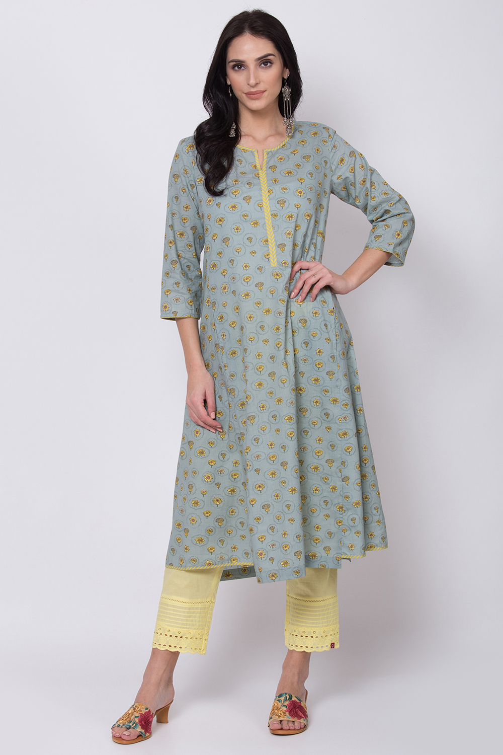 

Teal Cotton A-Line Printed Kurta