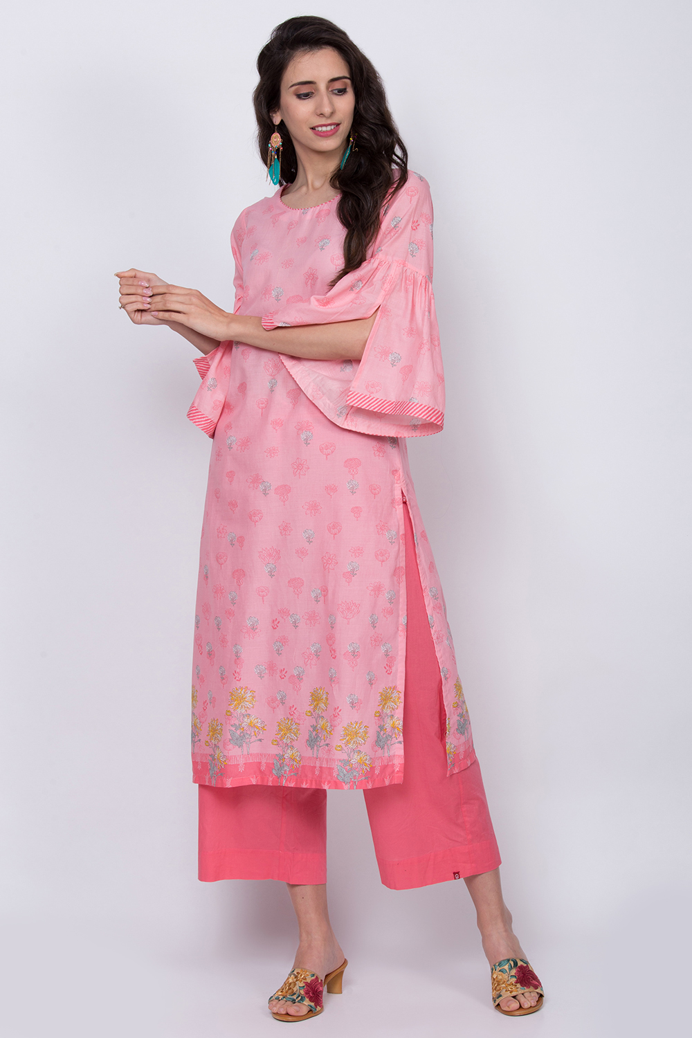 

Peach Cotton Straight Printed Kurta