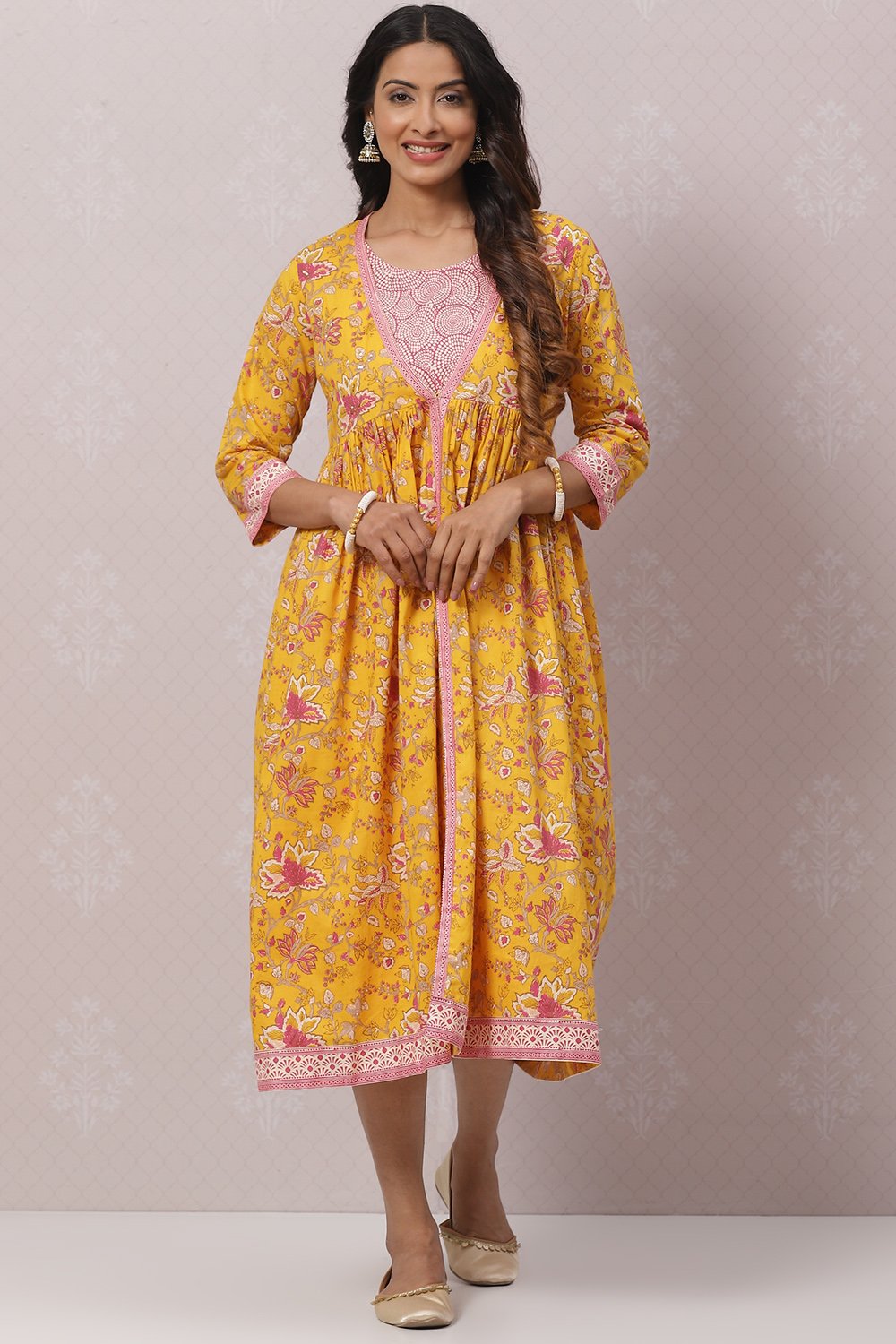 

Mustard Cotton Flared Printed Kurta Dress With Shrug