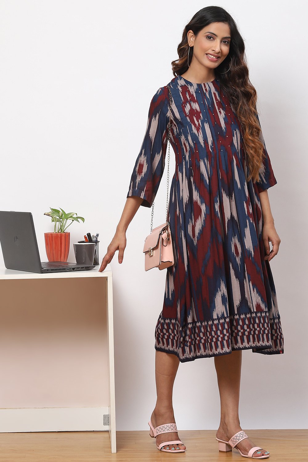 

Navy Maroon LIVA Flared Printed Kurta Dress