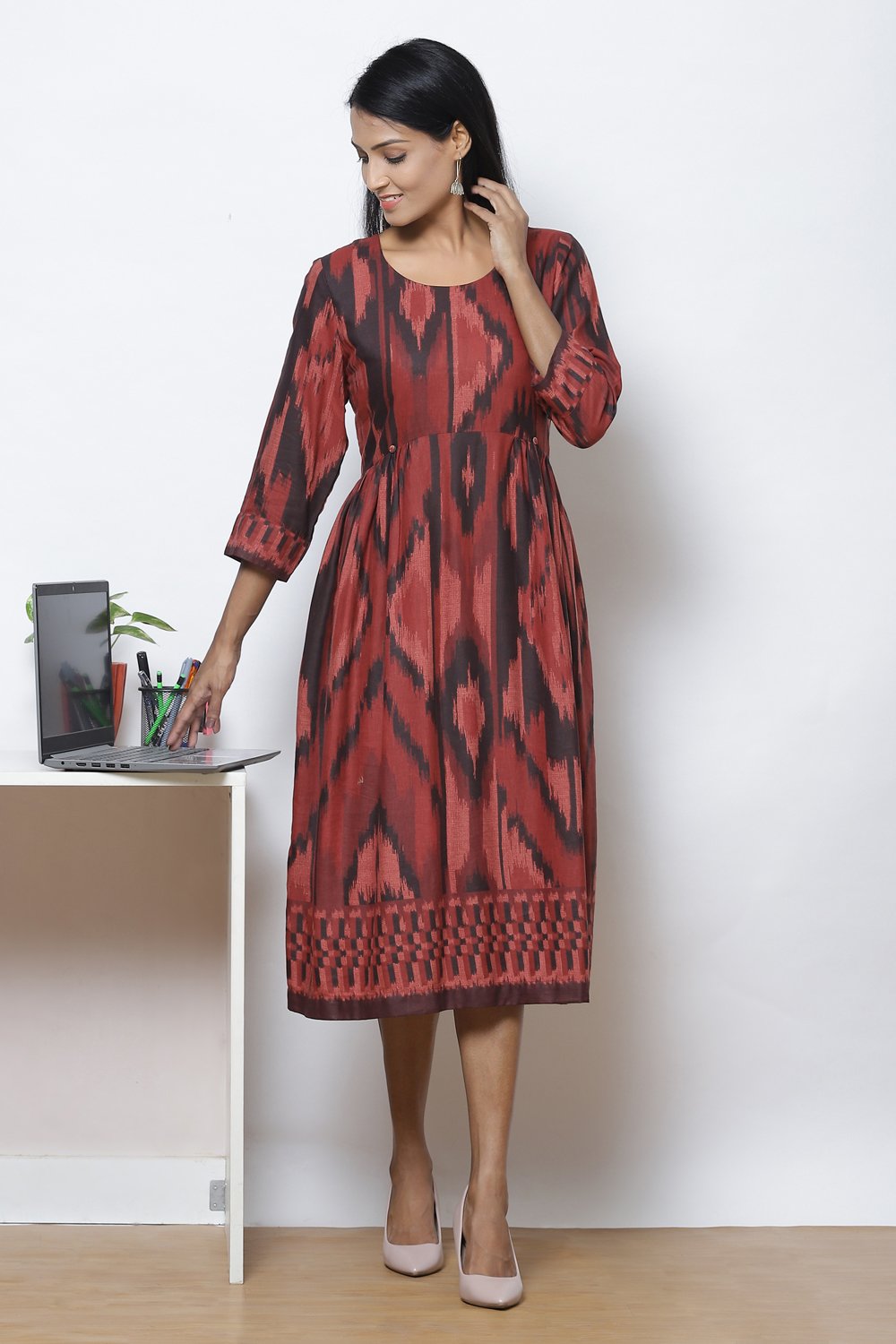 

Rust LIVA Flared Printed Kurta Dress