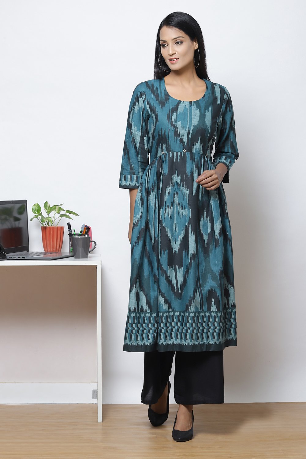 

Teal LIVA Flared Printed Kurta Dress