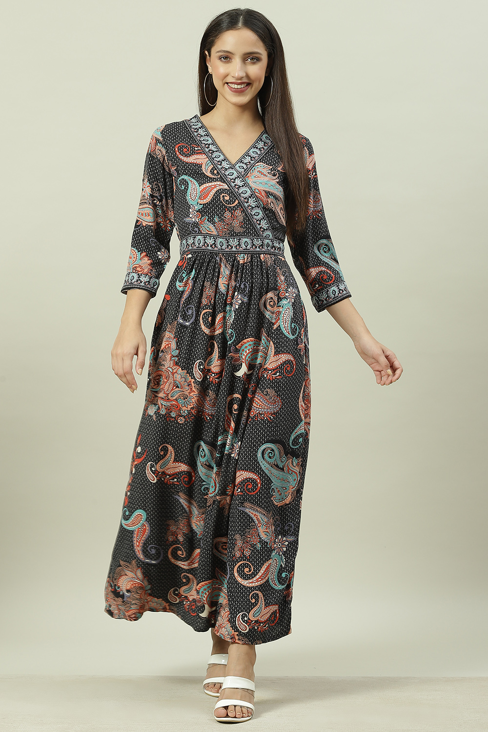 

Black LIVA Flared Printed Dress