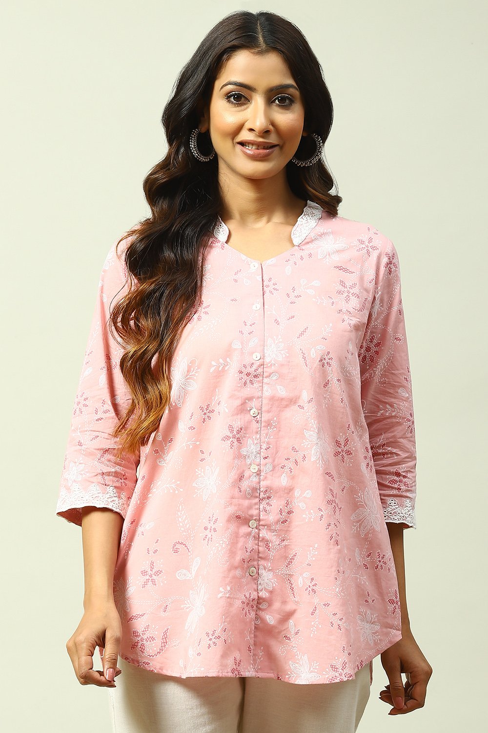 

Pink Cotton Straight Printed Short Kurti