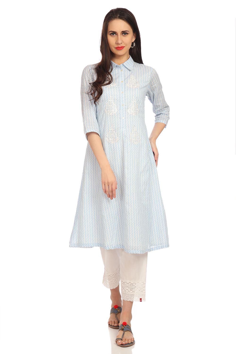 

Sky Blue A-Line Chikankari Cotton Printed Kurta, Light blue