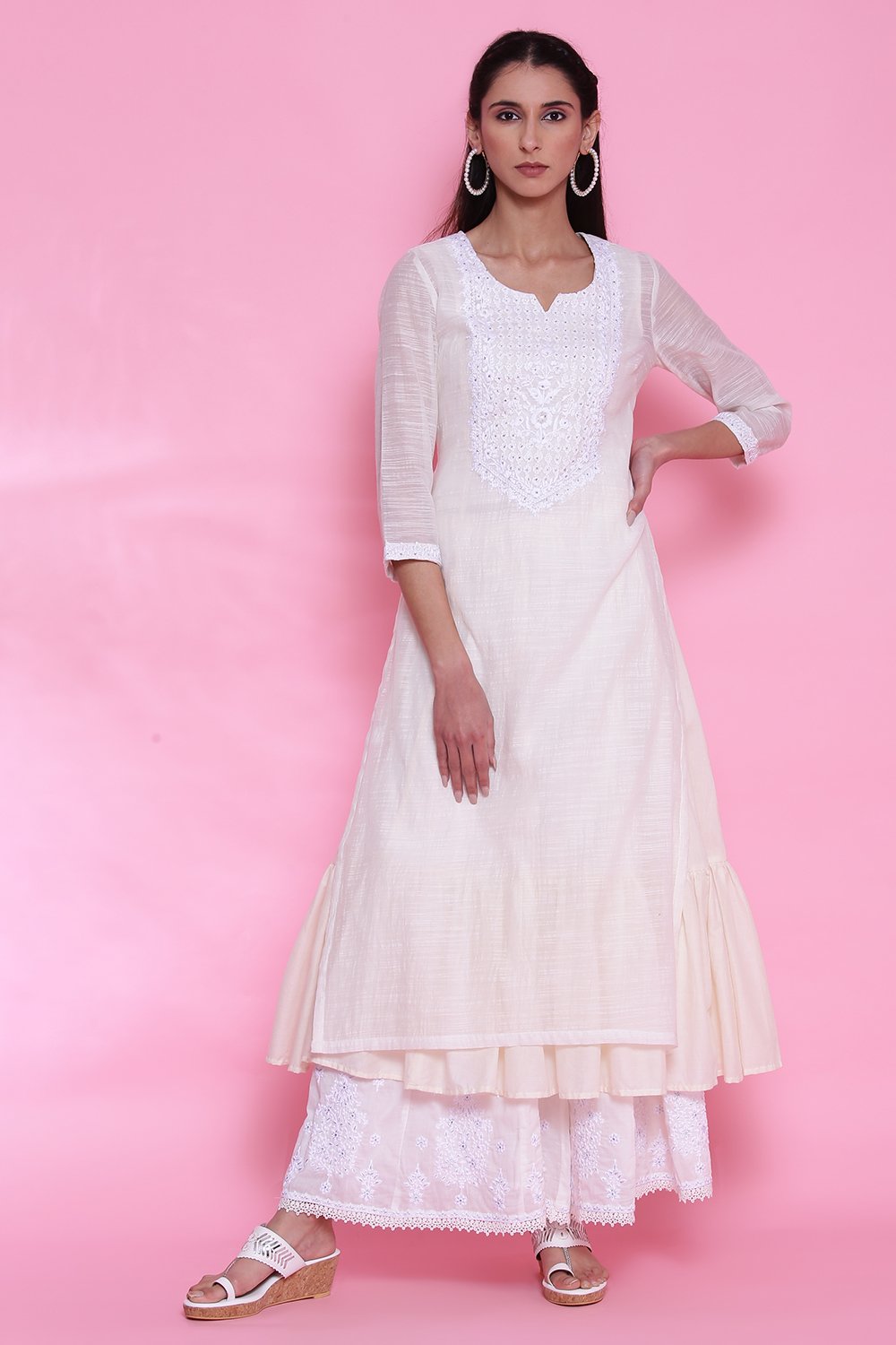 

Off White Art Silk Cotton Chikankari Embroidered Kurta