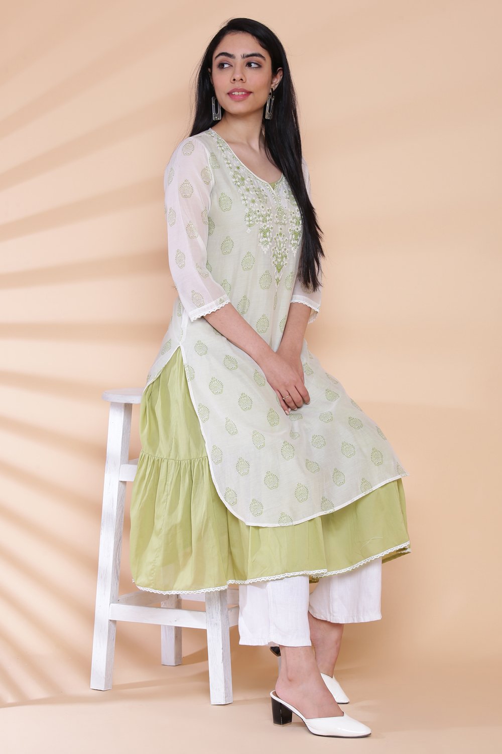 

Off White And Green Chikankari Printed Kurta