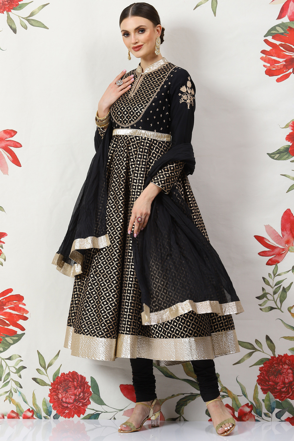 

Rohit Bal Black Cotton Silk Anarkali Yarndyed Suit Set