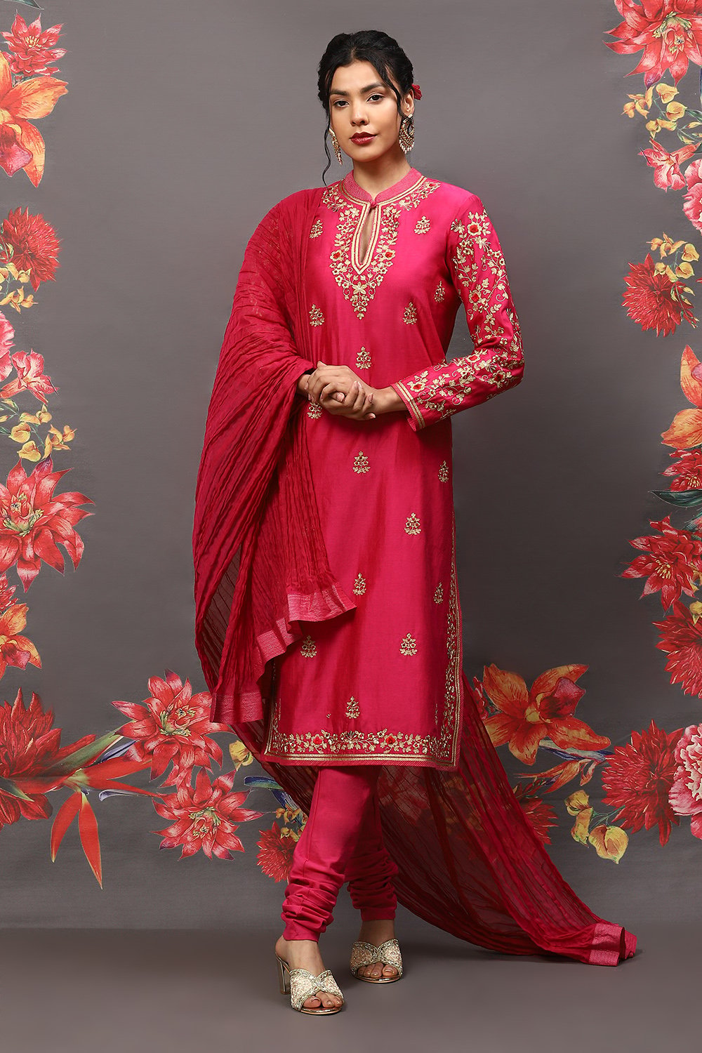 

Rohit Bal Fuschia Cotton Blend Straight Kurta Suit Set