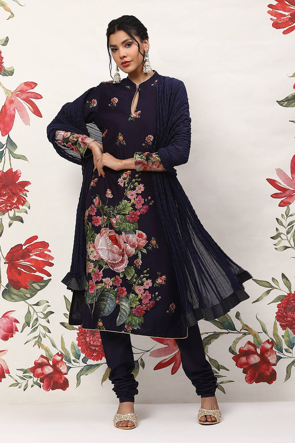 

Rohit Bal Indigo Cotton Blend Straight Kurta Suit Set