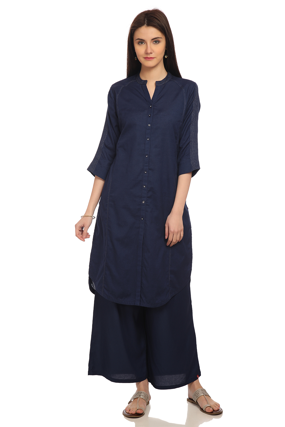 

Navy Blue Front Open Cotton And Flax Solid Kurta