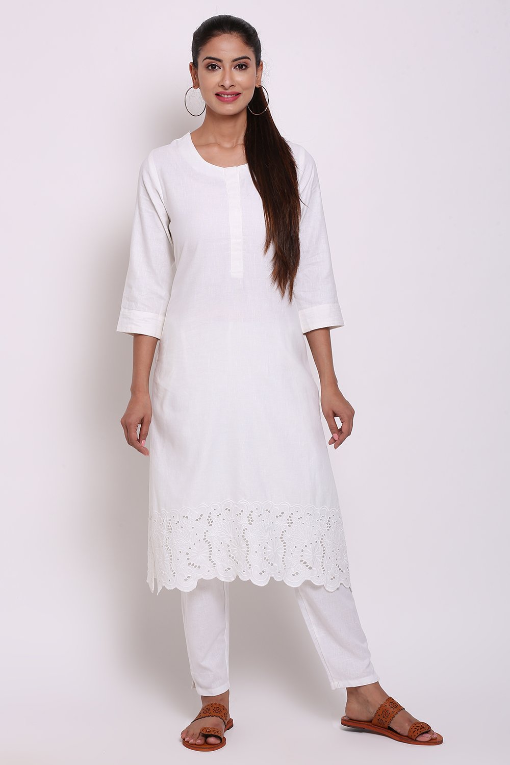 

White Cotton Straight Yarndyed Kurta