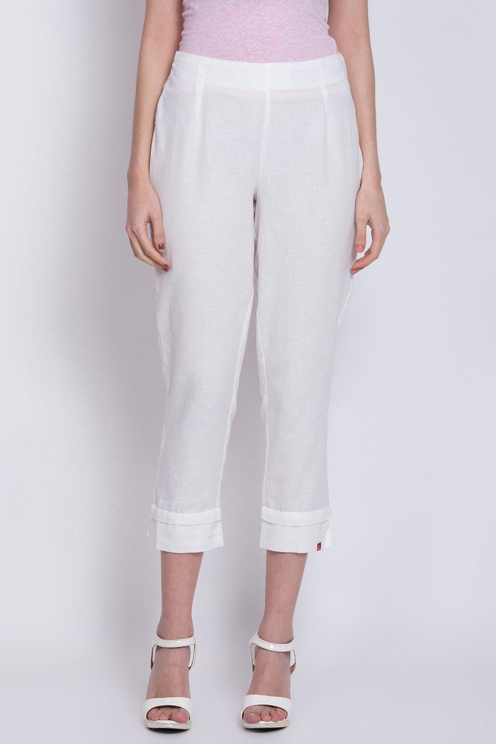 

White Cotton Blend Solid Pant