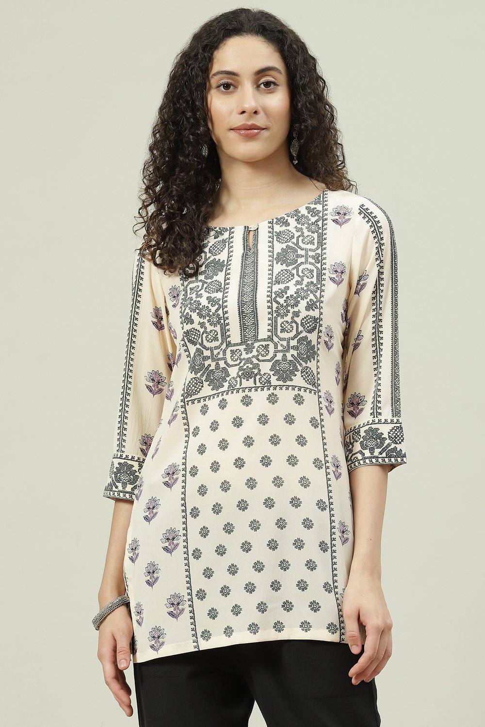 

Ecru Art Silk Straight Printed Short Kurti, Off white and black