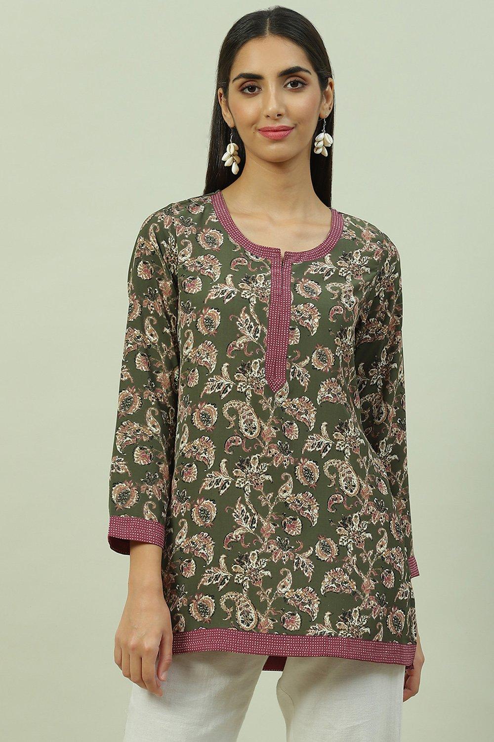 

Olive Green Art Silk Straight Printed Kurti