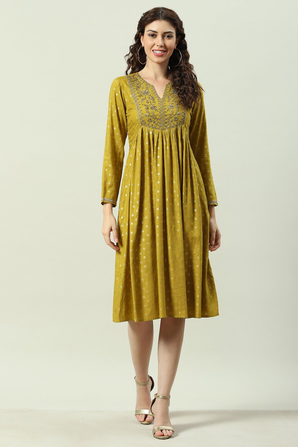 

Green Rayon Flared Printed Kurta Dress