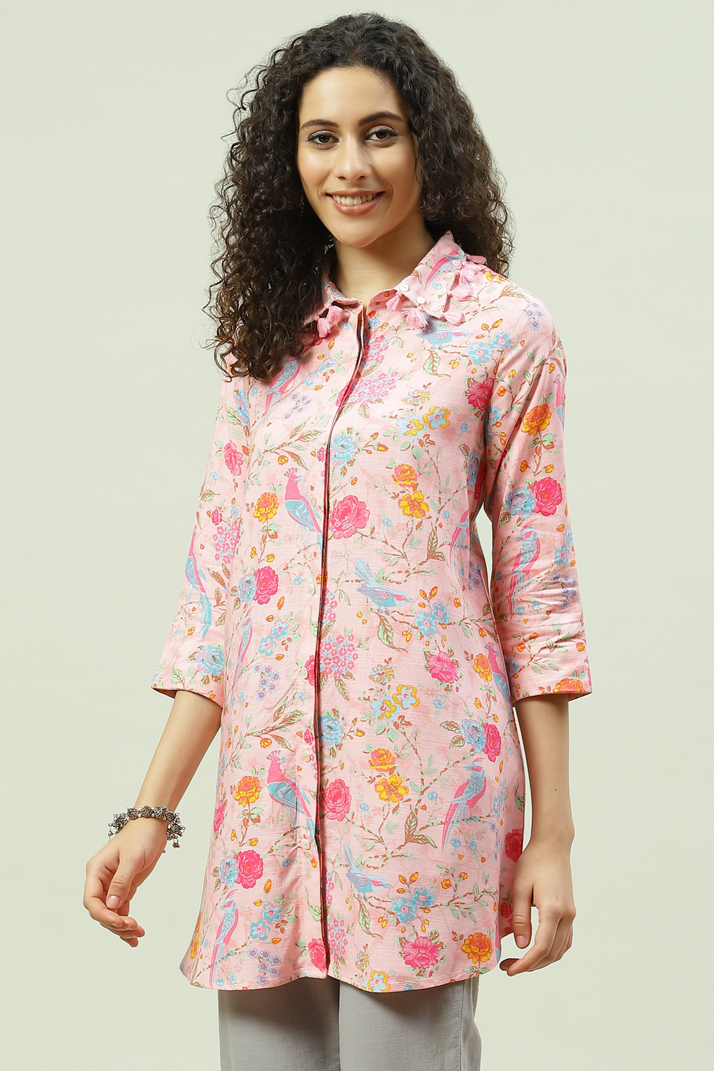 

Pink Rayon Asymmetric Printed Tunic