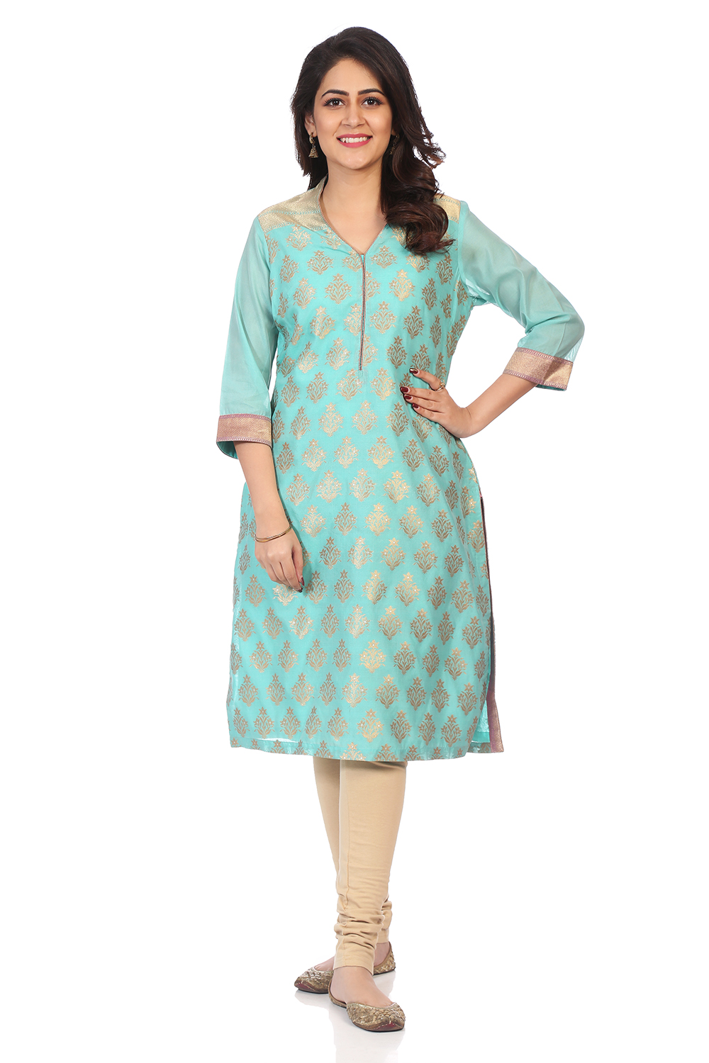 

Green Poly Metallic Cotton Straight Printed Kurta