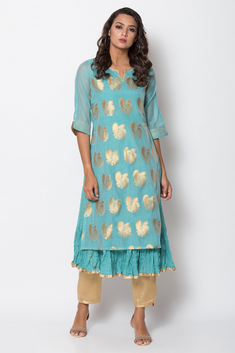 

Green Poly Metallic Cotton Flared Yarndyed Kurta