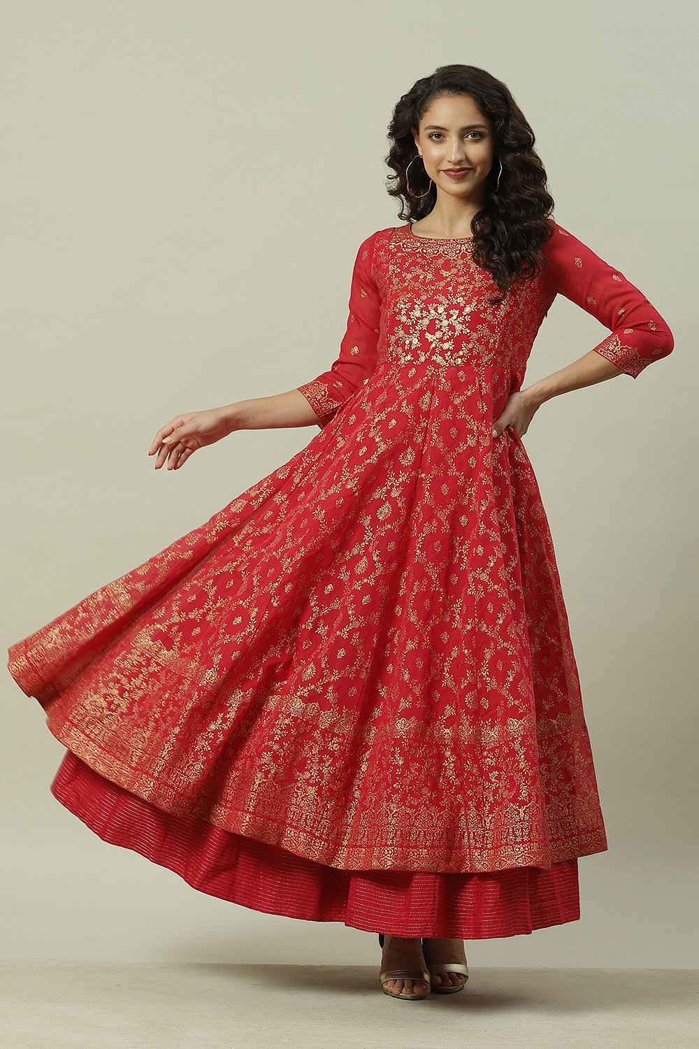 

Red Art Silk Anarkali Printed Kurta Dress