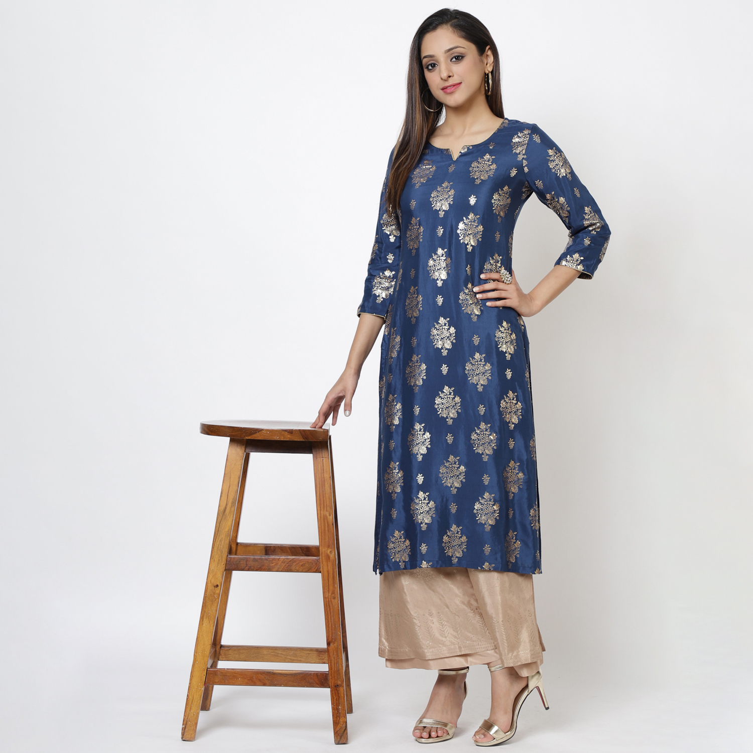 

Navy Viscose Straight Printed Kurta