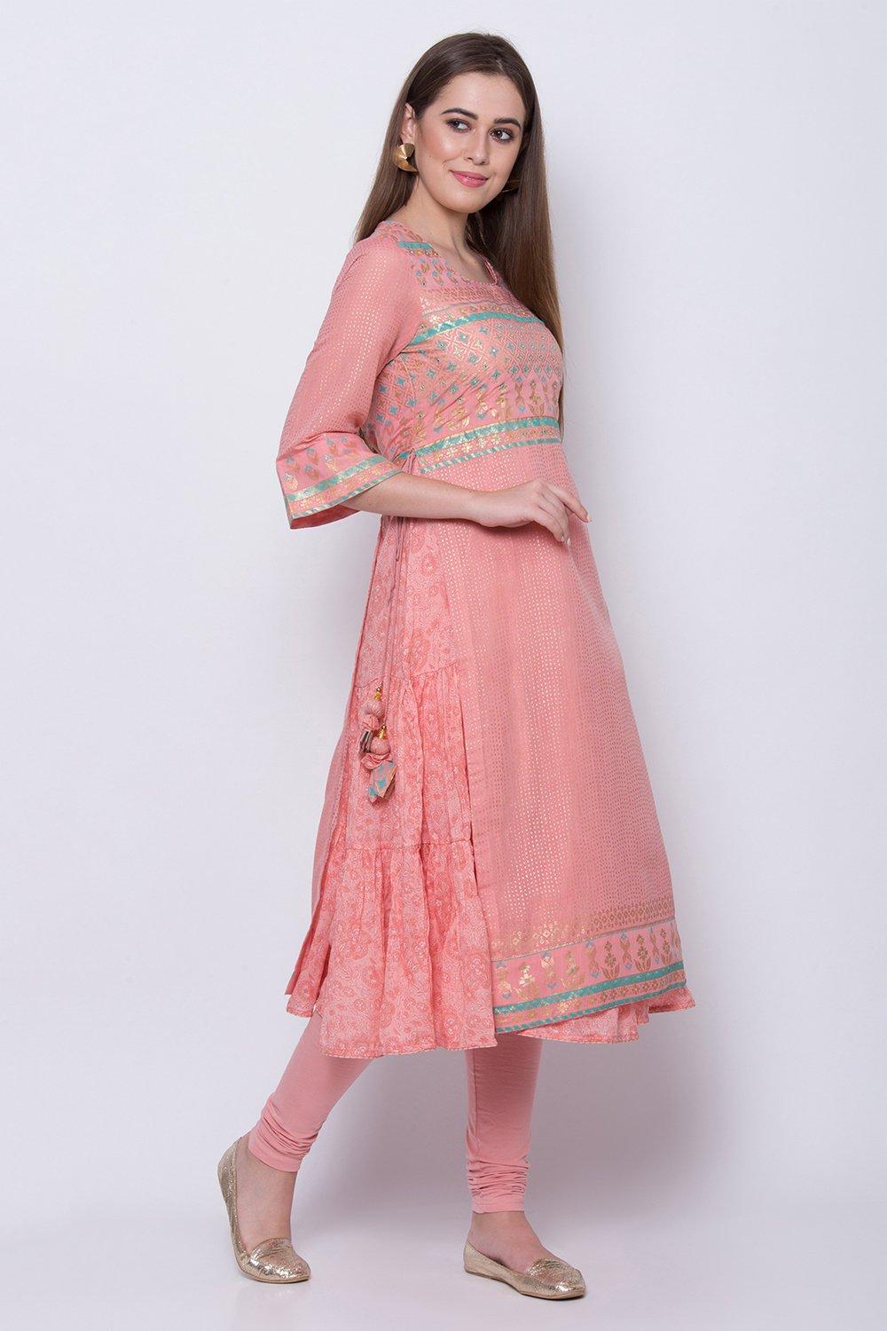 

Peach Cotton Flared Printed Kurta