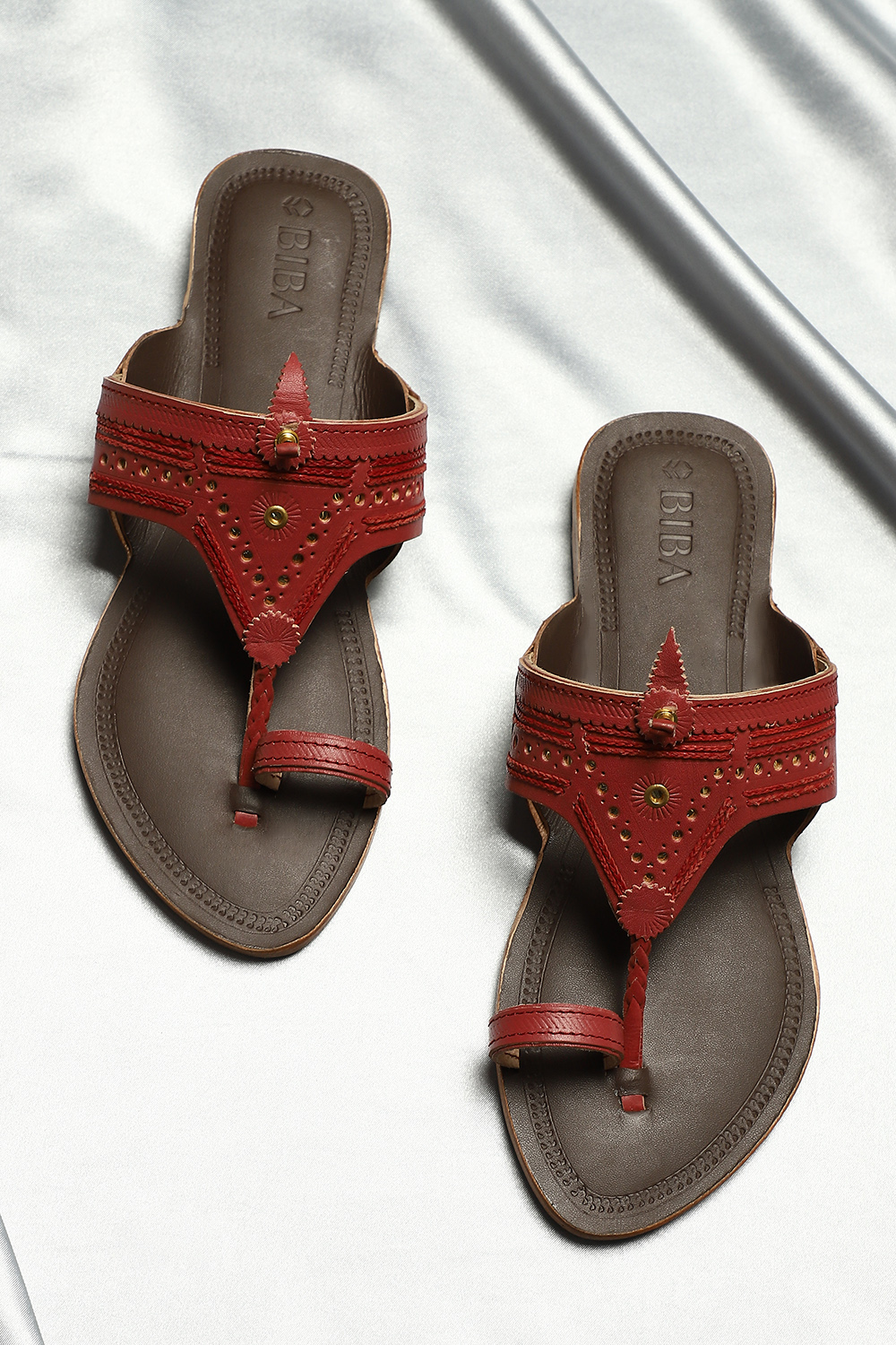 

Cherry Red & Dark Brown Leather Kolhapuri Sandals