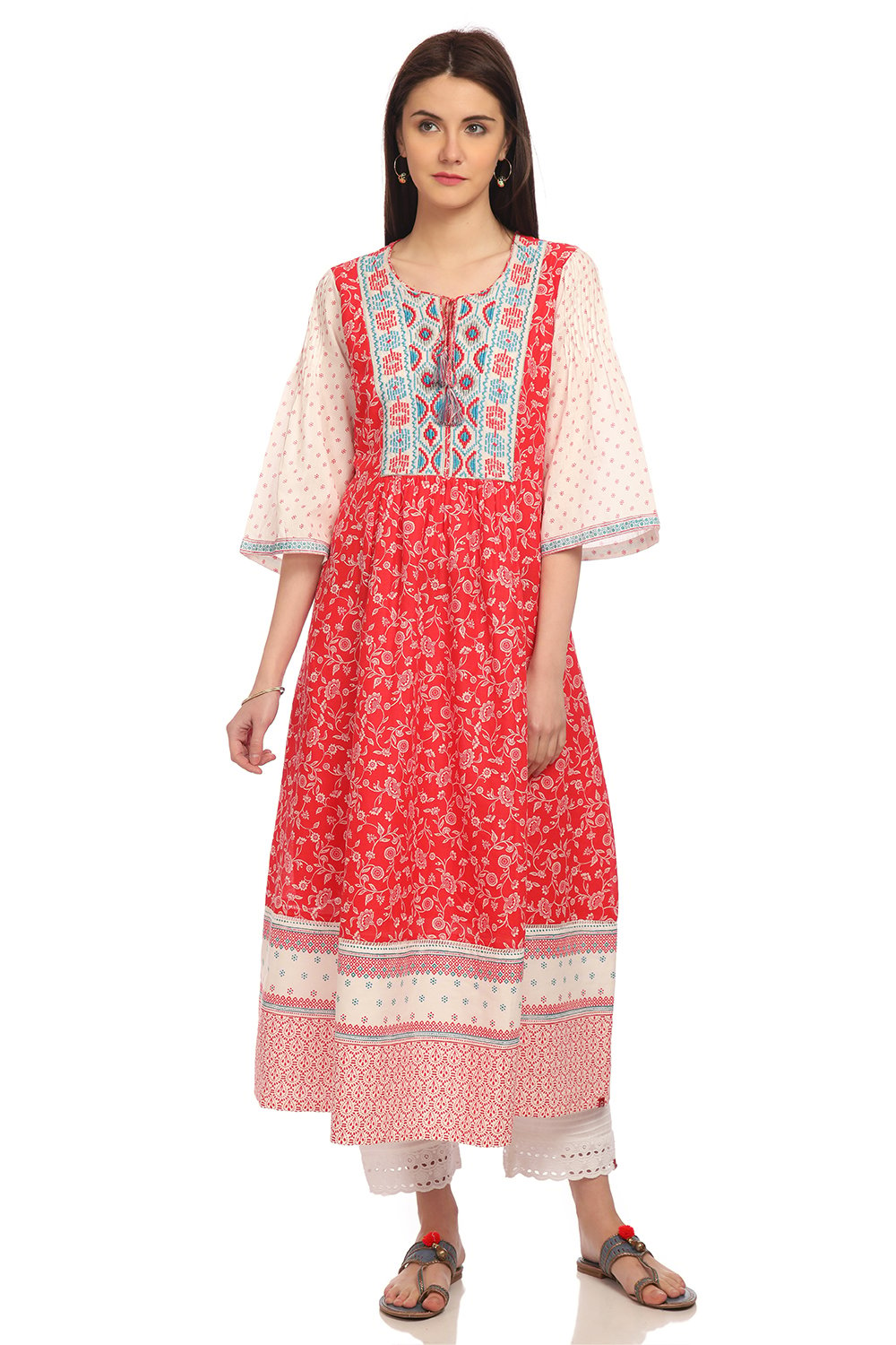 

Red Flared Cotton Printed Kurta