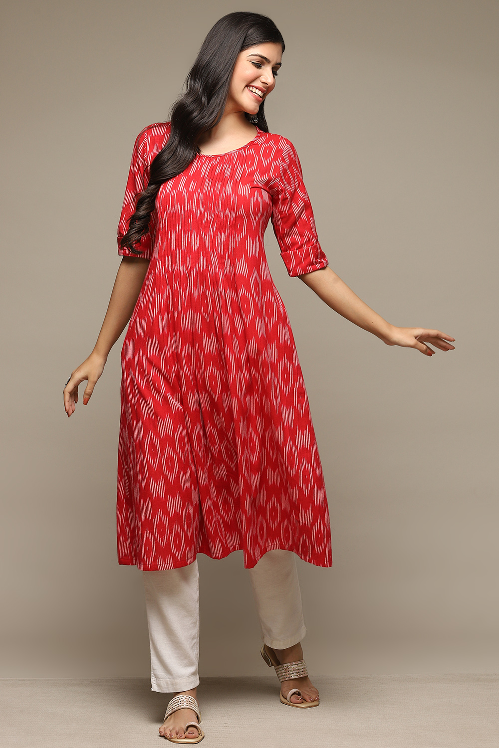 

Red Cotton IKAT Straight Yarndyed Kurta