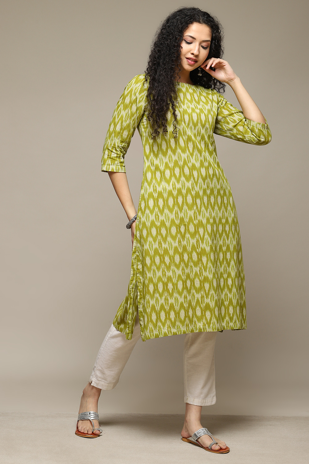 

Olive Cotton IKAT Straight Yarndyed Kurta